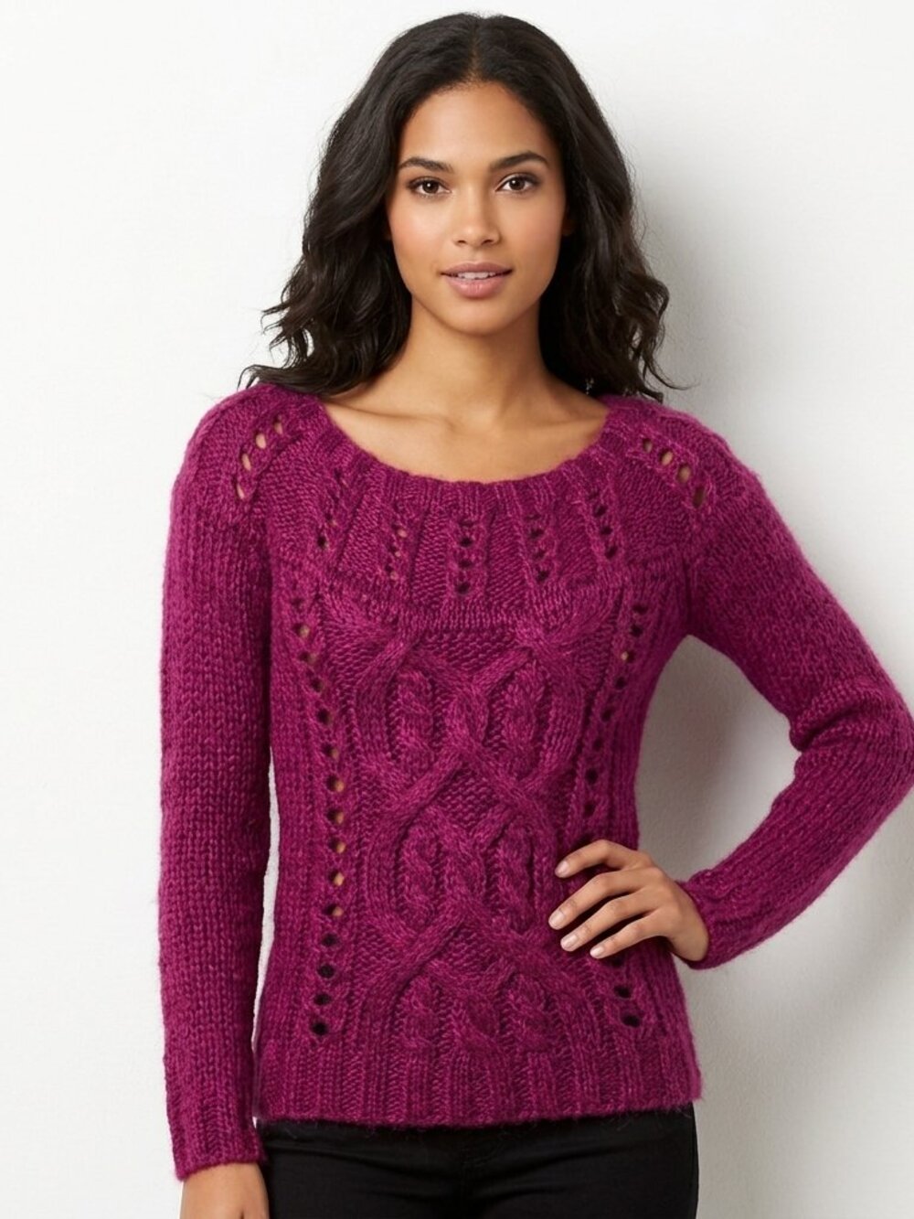 Open knit Cable knit sweater, Mohair, Long sleeve, XS, Mango, fuchsia